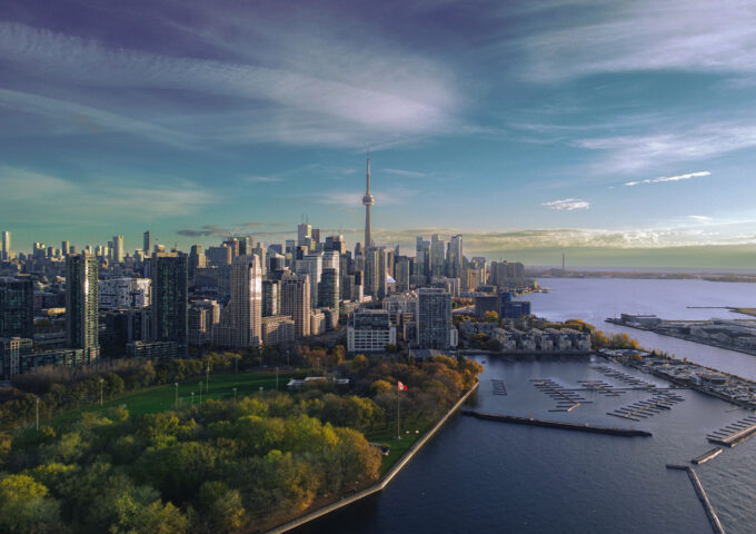 An aerial of Toronto city skyline, Ontario, Canada.