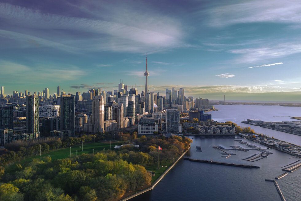 An aerial of Toronto city skyline, Ontario, Canada.