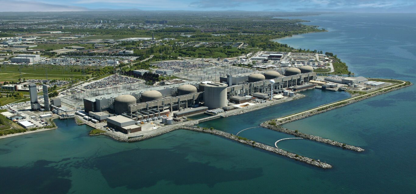 An aerial view of Pickering Nuclear Generating Station from Lake Ontario.