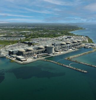 An aerial view of Pickering Nuclear Generating Station from Lake Ontario.