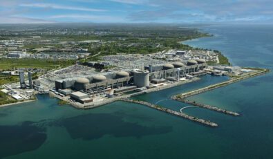 An aerial view of Pickering Nuclear Generating Station from Lake Ontario.