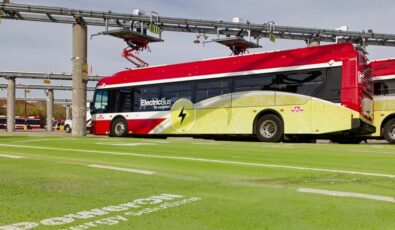 A TTC electric bus charges up at the TTC's Birchmount garage in Toronto.