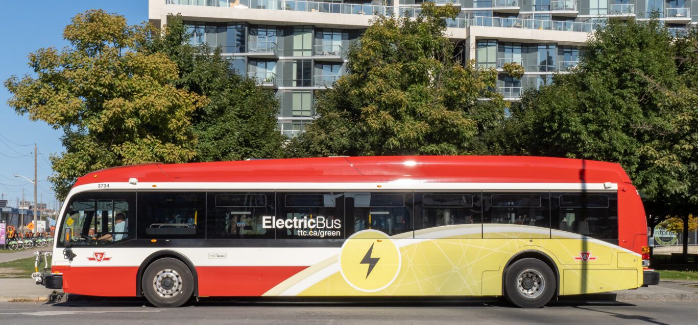 An electric bus under way in Toronto as part of an environmental project
