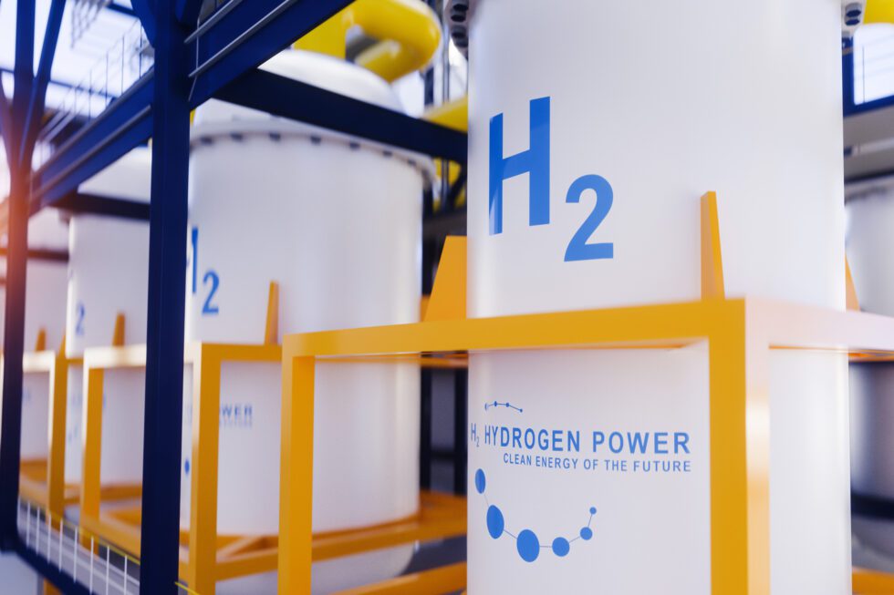 Hydrogen renewable energy production - hydrogen gas for clean electricity solar and windturbine facility. 3d rendering.