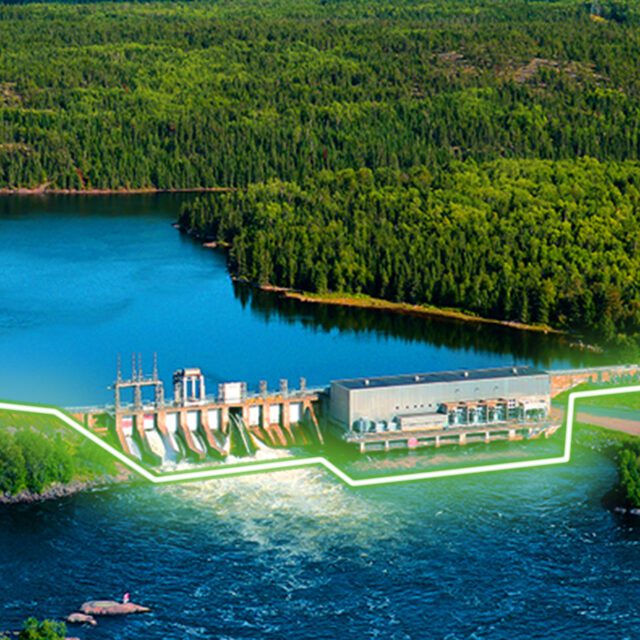 An aerial view of Whitedog Falls hydroelectric station.