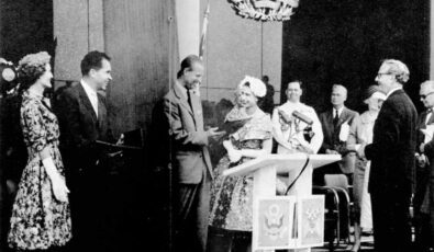 U.S. Vice President Richard Nixon, Prince Philip, and Queen Elizabeth II at the opening ceremony of the Moses-Saunders Power Dam in 1959.