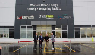 Representatives from OPG, Laurentis Energy Partners, Energy Solutions Canada, and the Mayor of the Municipality of Kincardine, Kenneth Craig, cut the ceremonial ribbon to officially open the Western Clean-Energy Sorting and Recycling (WCSR) facility.