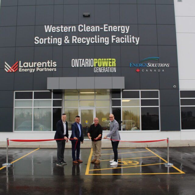 Representatives from OPG, Laurentis Energy Partners, Energy Solutions Canada, and the Mayor of the Municipality of Kincardine, Kenneth Craig, cut the ceremonial ribbon to officially open the Western Clean-Energy Sorting and Recycling (WCSR) facility.