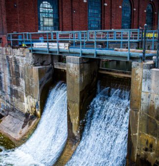 Water rushing from Frankford Hydroelectric Generating Station.
