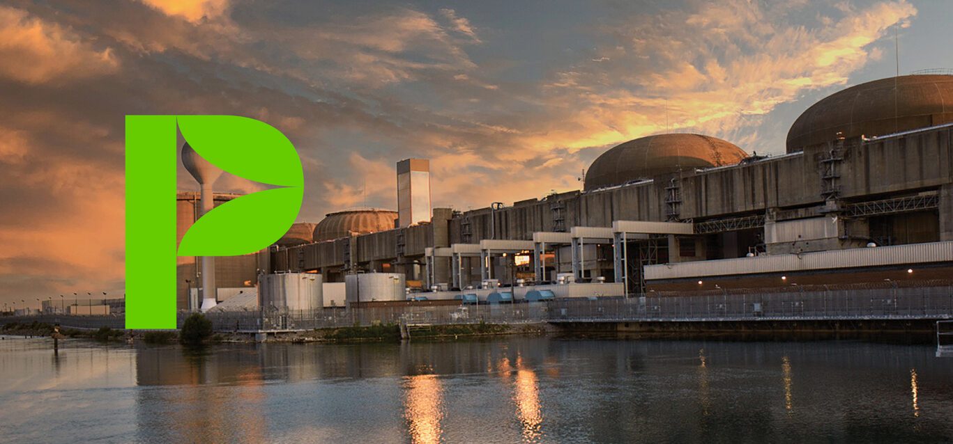 A view of Pickering Nuclear Generating Station from the lake, with a stylize 'P' for Pickering.