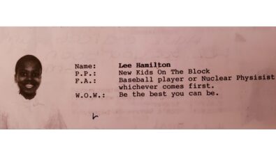 Lee Hamilton's Grade 8 yearbook entry cites nuclear physicist as one of his career aspirations.