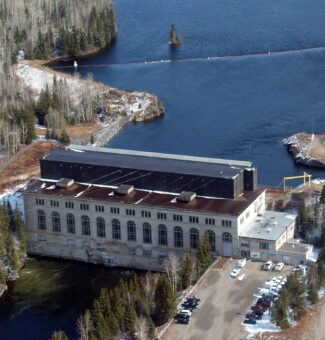 An aerial view of Cameron Falls Generating Station.