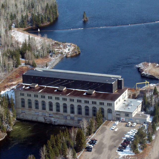 An aerial view of Cameron Falls Generating Station.