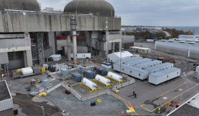 Equipment is seen outside Pickering Nuclear for the Advanced Scale Conditioning Agent project at the station.