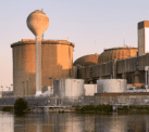 A view of the Pickering Nuclear Generating Station from the lake at sunrise.