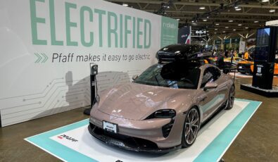 The electric Porsche Taycan 4S at the Canadian International AutoShow.