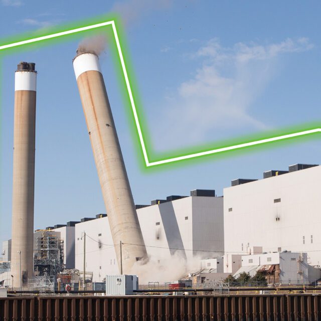 Smokestacks fall as the former Nanticoke coal generating station is demolished. The station was closed in 2013 and safely demolished in 2019.