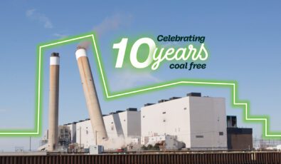 OPG is celebrating 10 years since it closed its entire coal-generating fleet. In this image, smokestacks fall as the former Nanticoke coal-fired generating station is demolished in 2019.