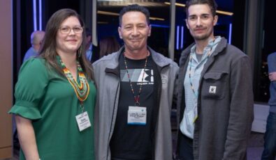 From left to right: Emily Whetung-MacInnes, Director of Indigenous Partnerships with OPG, Chief Roger Thomas from the Munsee-Delaware Nation, and Ryan Gray-Brady, Indigenous Relations Advisor with OPG and nuclear ambassador.