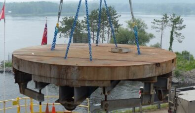 The historic turntable at OPG's Chats Falls Generating Station is lifted out for refurbishment.