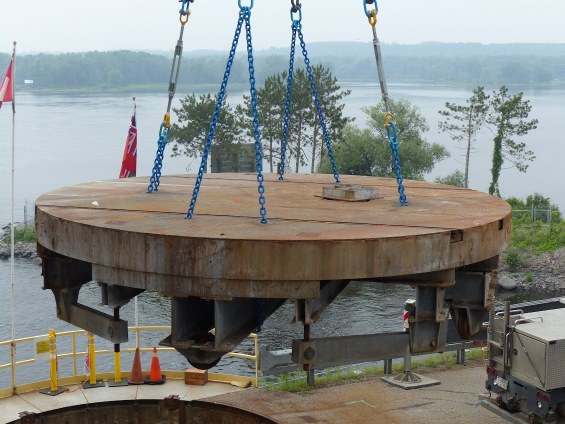 The historic turntable at OPG's Chats Falls Generating Station is lifted out for refurbishment.