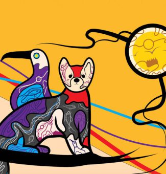 A piece of indigenous artwork featuring a fox, a bird and a dreamcatcher.