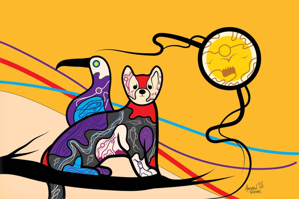 A piece of indigenous artwork featuring a fox, a bird and a dreamcatcher.