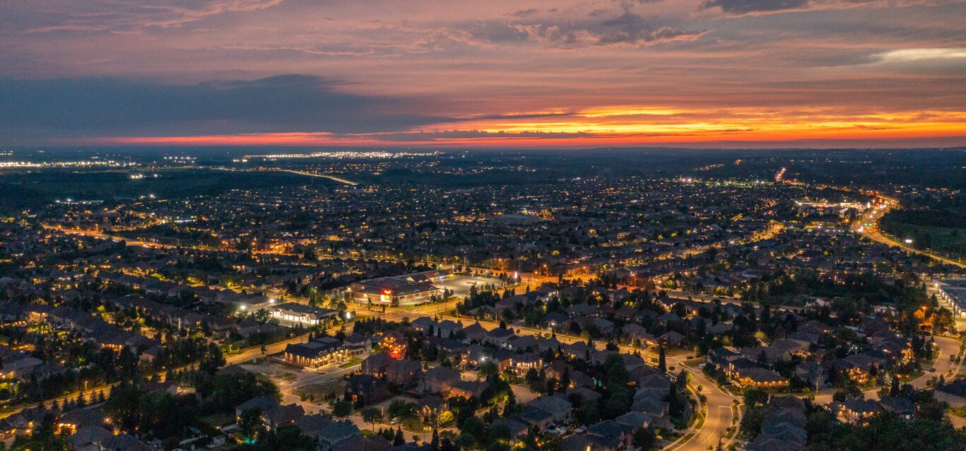Aerial view of Rutherford road and Islington Ave. on July 1st Canada Day, Residential district in Woodbridge, Vaughan