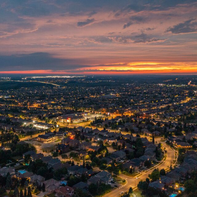 Aerial view of Rutherford road and Islington Ave. on July 1st Canada Day, Residential district in Woodbridge, Vaughan