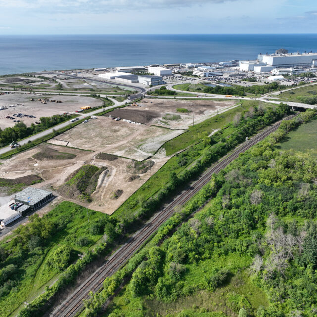An aerial view of Darlington Nuclear Generating Station that shows site preparations for the Darlington new nuclear project.