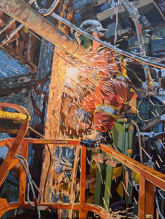 A welder is seen in action in this painting by Ivy Ireland.