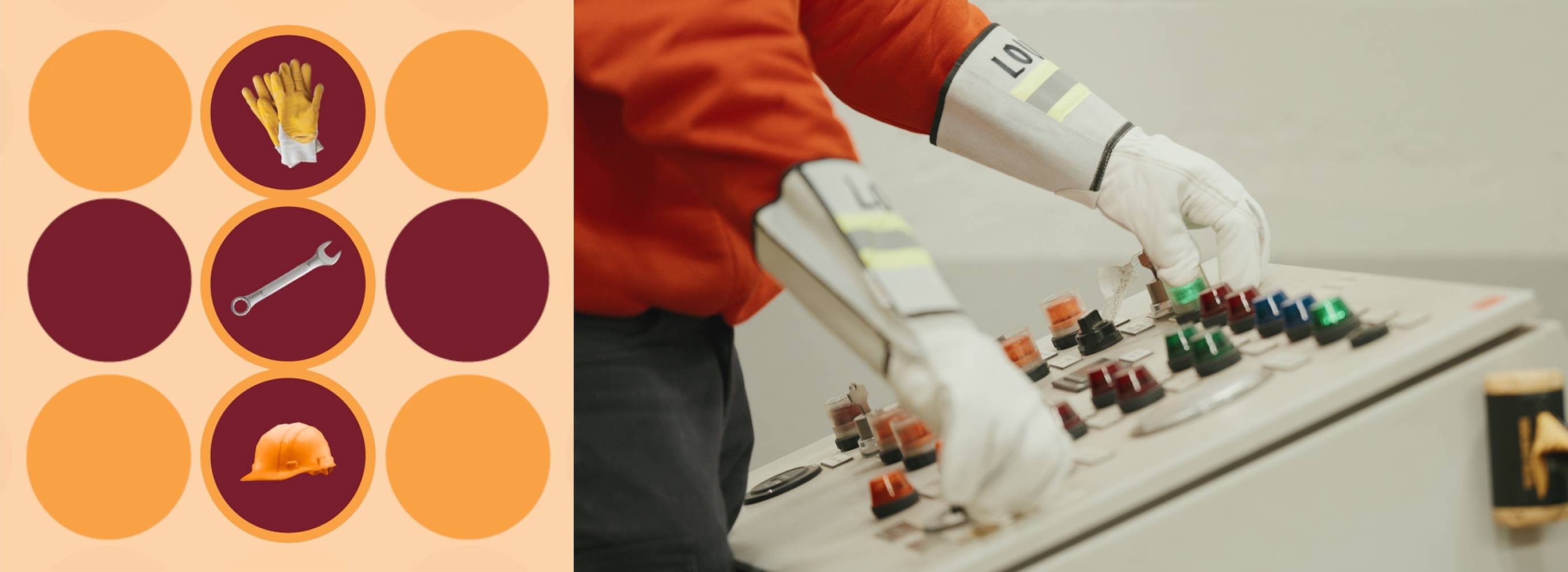 Left image: low level waste items (used gloves, wrench, hard hat) Right image: employee operating low level waste compressor