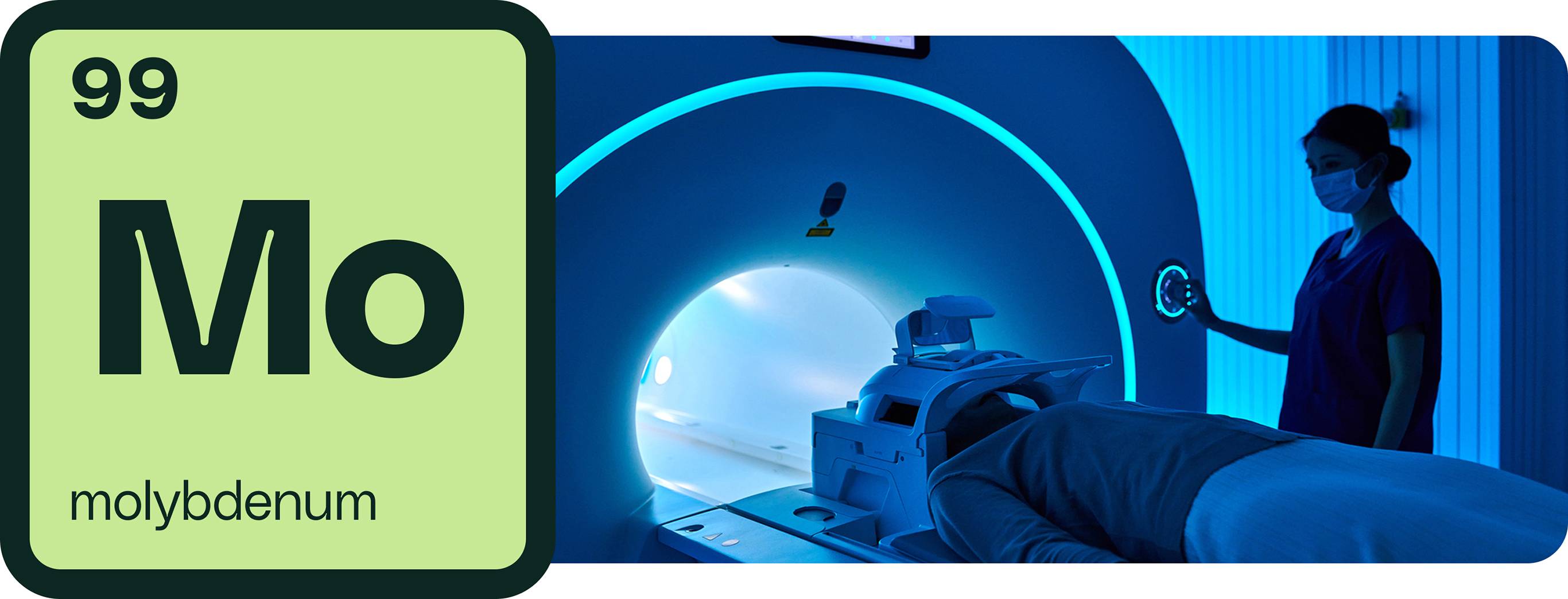 Left image: Molybdenum isotope symbol, Right image: patient getting an MRI scan
