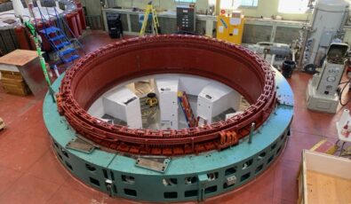 A view of the newly refurbished stator at one of Barrett Chute's units. In a generating unit, the stator converts the rotating magnetic field into electric current.