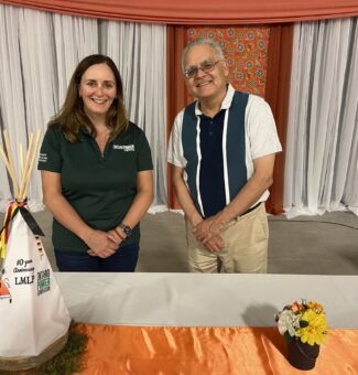 OPG's President and CEO, Nicolle Butcher, stands with Moose Cree First Nation Chief, Peter Wesley, during a celebration event to mark 10 years of partnership on the Lower Mattagami hydro complex.