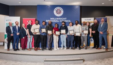 Eight new graduates of the Introduction to Millwrighting training program were all smiles during a celebration event at OPG’s Darlington Energy Complex in February.