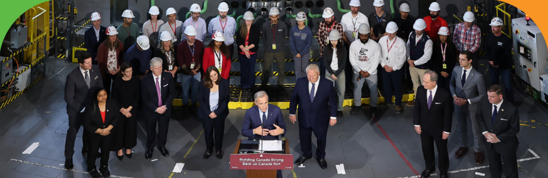 Prime Minister Mark Carney (center) along with Premier Doug Ford (right) and OPG CEO Nicolle Butcher (left) announcing funding for the Darlington New Nuclear Project