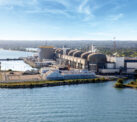 Exterior view of Pickering Nuclear Generating Station from Lake Ontario