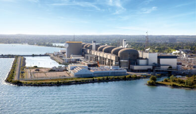 Exterior view of Pickering Nuclear Generating Station from Lake Ontario