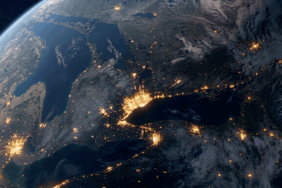 A view of Ontario, lit up with electrical light, from space.
