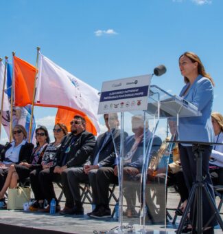 Nicolle Butcher, OPG's President and CEO, speaks during an announcement by the Williams Treaties First Nations. The Nations are investing $700 million in OPG's Small Modular Reactor project.